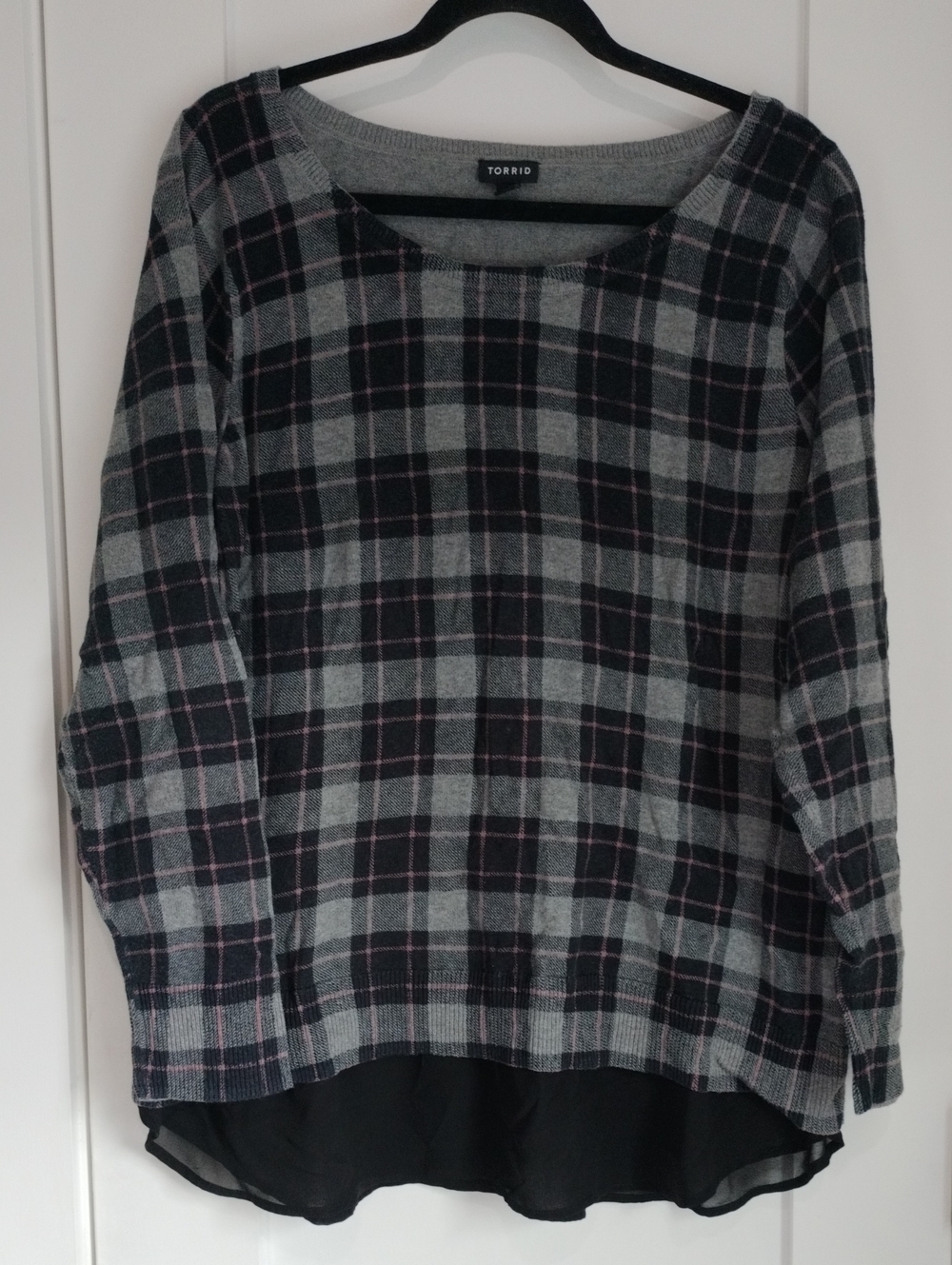torrid Gray and Black Plaid Knit Sweater with Pink Accents